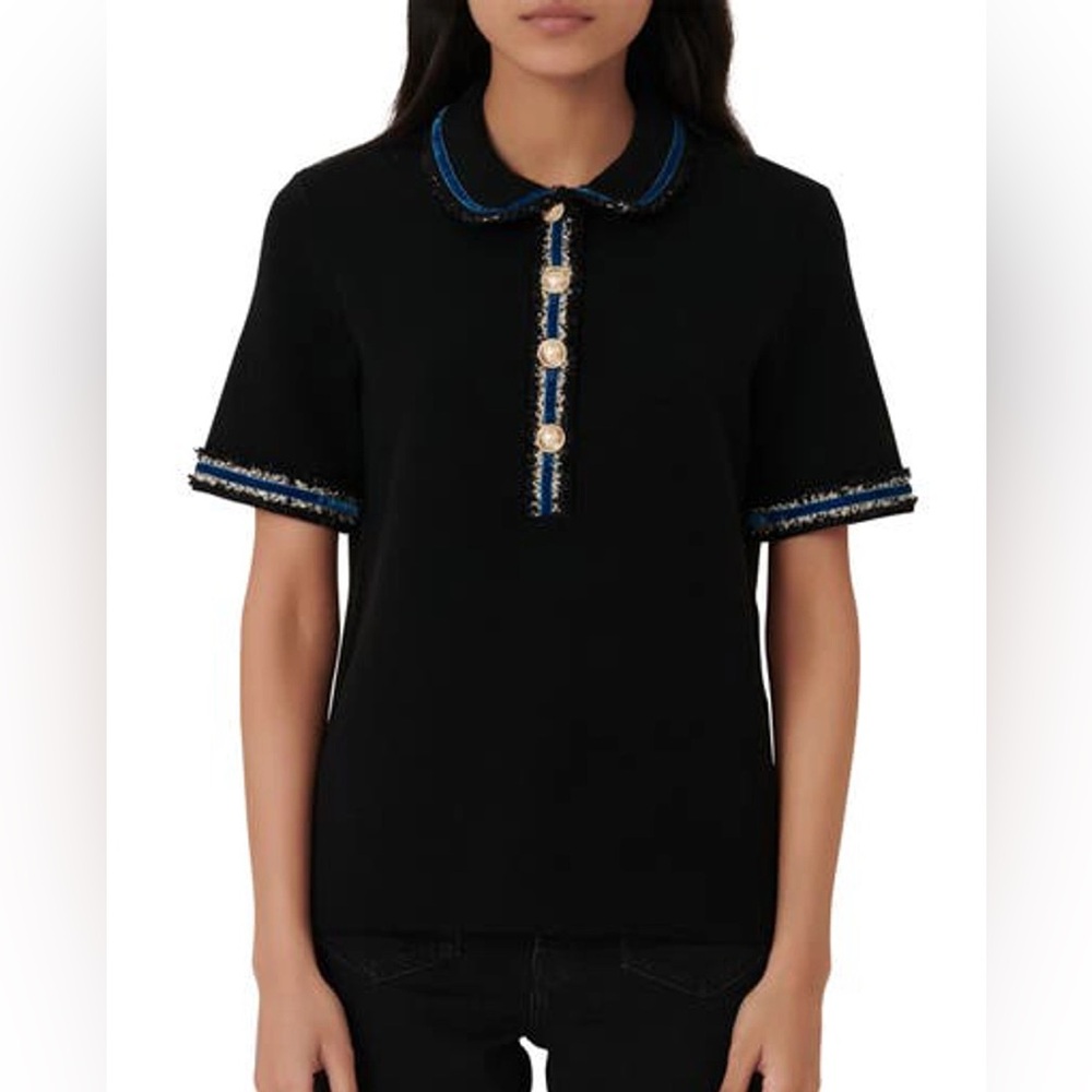 MAJE Mexicana Polo Metallic Trim Sweater